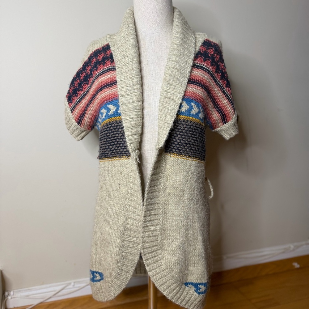 BKE Cream Southwestern Acrylic Alpaca Open Knit Short Sleeve Cardigan M FAIR
